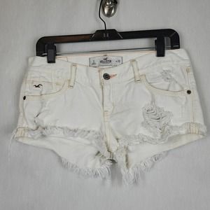 Hollister Womens White Destroyed Frayed Hem Flat Front Denim Cut Off Shorts Sz 3